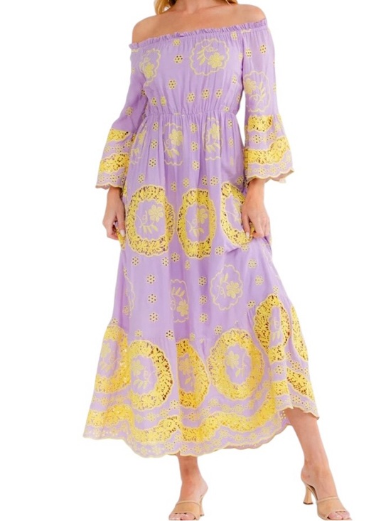 Dresses & Skirts - Crochet Eyelet Embroidered Boho Off/Partially On Shoulder Maxi Dress